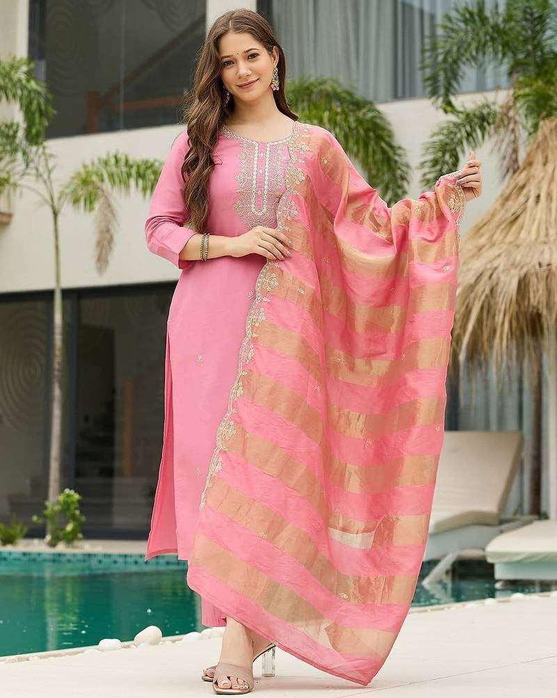 Pink  Cotton Blend Embroidery Straight Kurta with Pant And Dupatta Set