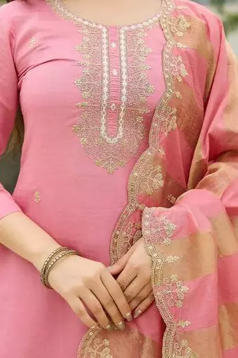 Pink  Cotton Blend Embroidery Straight Kurta with Pant And Dupatta Set