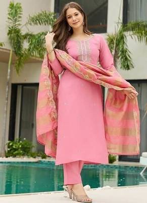 Pink  Cotton Blend Embroidery Straight Kurta with Pant And Dupatta Set 3