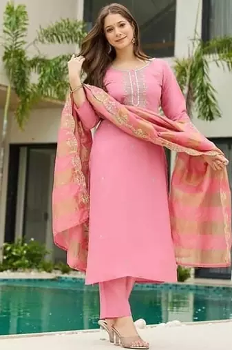Pink  Cotton Blend Embroidery Straight Kurta with Pant And Dupatta Set
