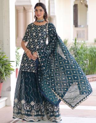 Blue Georgette Sequins Embroidered Sharara Suit 2