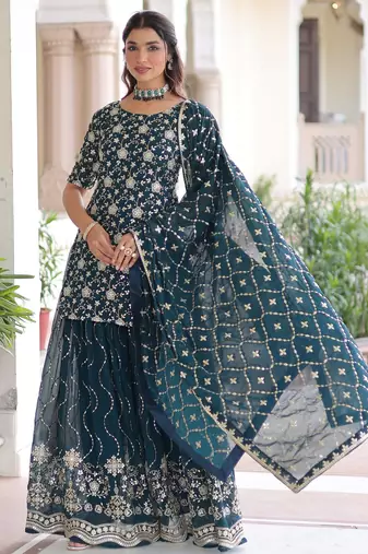 Blue Georgette Sequins Embroidered Sharara Suit