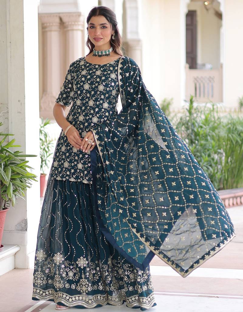 Blue Georgette Sequins Embroidered Sharara Suit