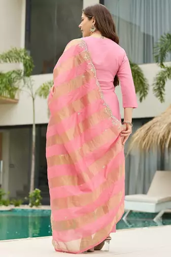 Pink  Cotton Blend Embroidery Straight Kurta with Pant And Dupatta Set