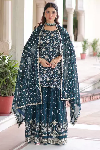 Blue Georgette Sequins Embroidered Sharara Suit