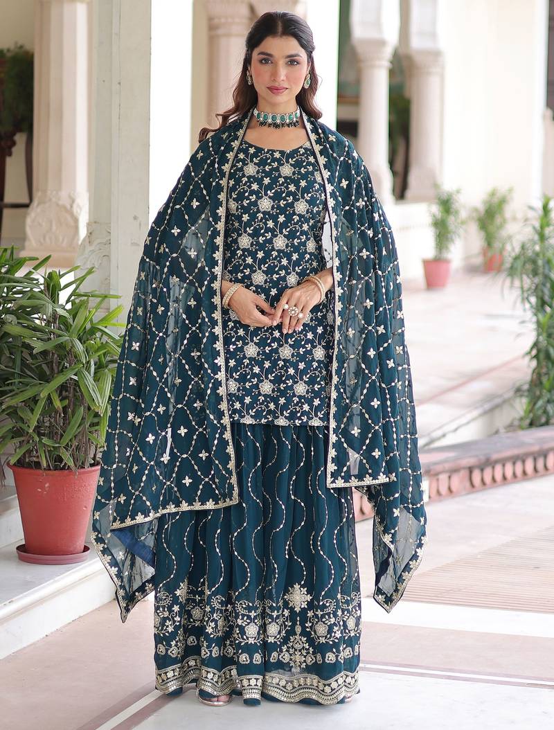 Blue Georgette Sequins Embroidered Sharara Suit
