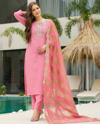 Pink  Cotton Blend Embroidery Straight Kurta with Pant And Dupatta Set 5