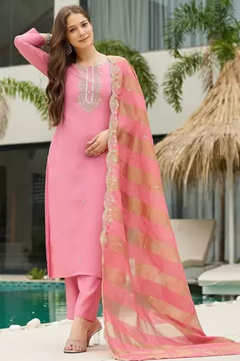 Pink  Cotton Blend Embroidery Straight Kurta with Pant And Dupatta Set