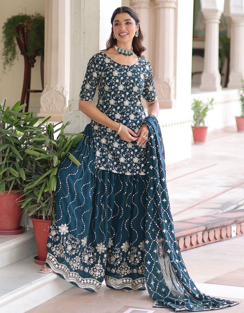 Blue Georgette Sequins Embroidered Sharara Suit