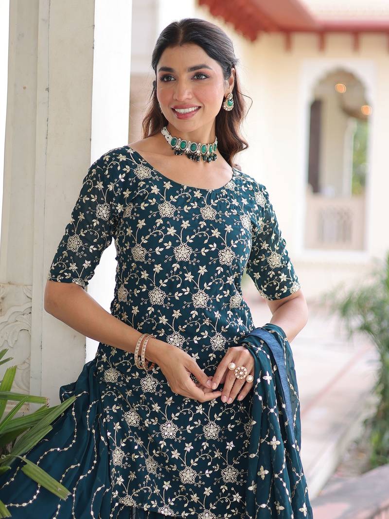 Blue Georgette Sequins Embroidered Sharara Suit