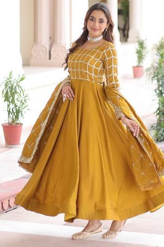 mustard silk embroidered anarkali suit