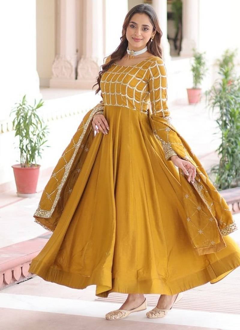 mustard silk embroidered anarkali suit