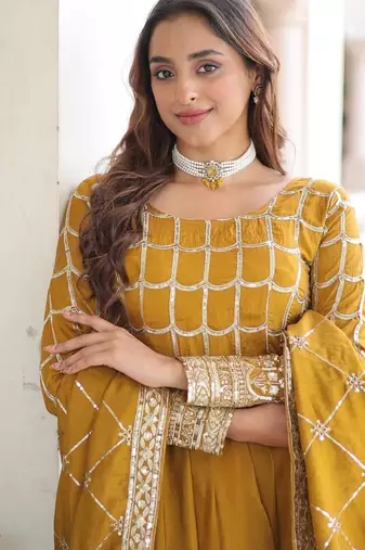 mustard silk embroidered anarkali suit