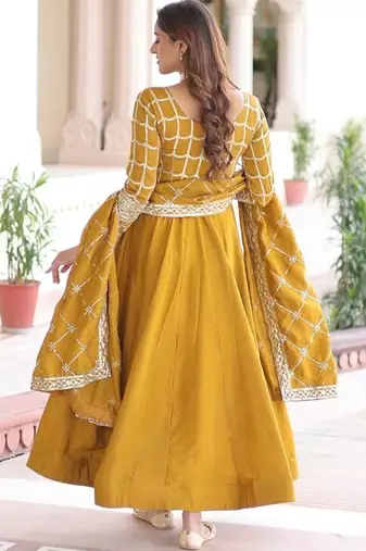 mustard silk embroidered anarkali suit