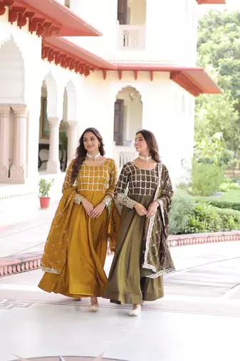 mustard silk embroidered anarkali suit