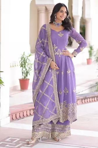 purple silk embroidered anarkali suit