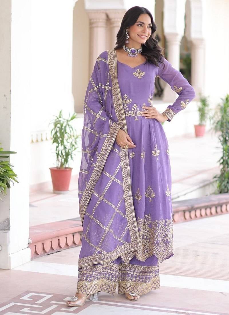 purple silk embroidered anarkali suit