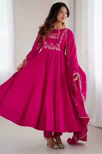 dark pink silk embroidered anarkali suit
