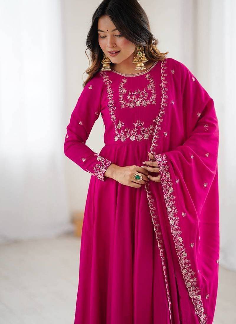 dark pink silk embroidered anarkali suit
