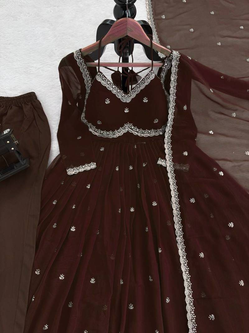 brown faux georgette anarkali gown