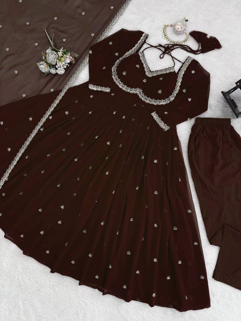 brown faux georgette anarkali gown