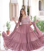 mauve faux blooming sequins multithread beads embroidered gown