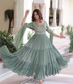 sea green faux blooming sequins multithread beads embroidered gown