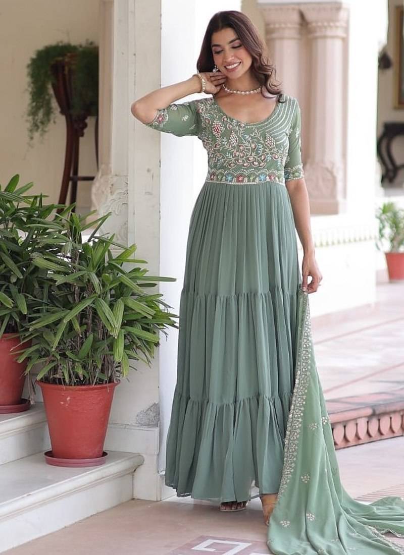 sea green faux blooming sequins multithread beads embroidered gown