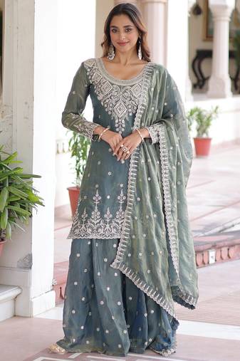 Grey Sequins Embroidered Organza Festive Wear Sharara Suit