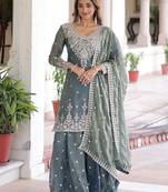 Grey Sequins Embroidered Organza Festive Wear Sharara Suit