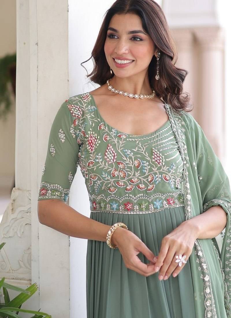 sea green faux blooming sequins multithread beads embroidered gown