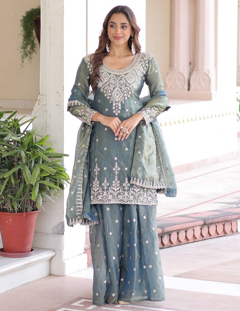 Grey Sequins Embroidered Organza Festive Wear Sharara Suit