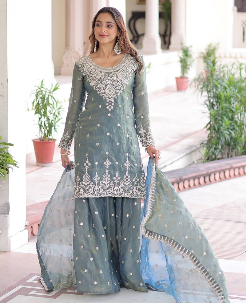 Grey Sequins Embroidered Organza Festive Wear Sharara Suit