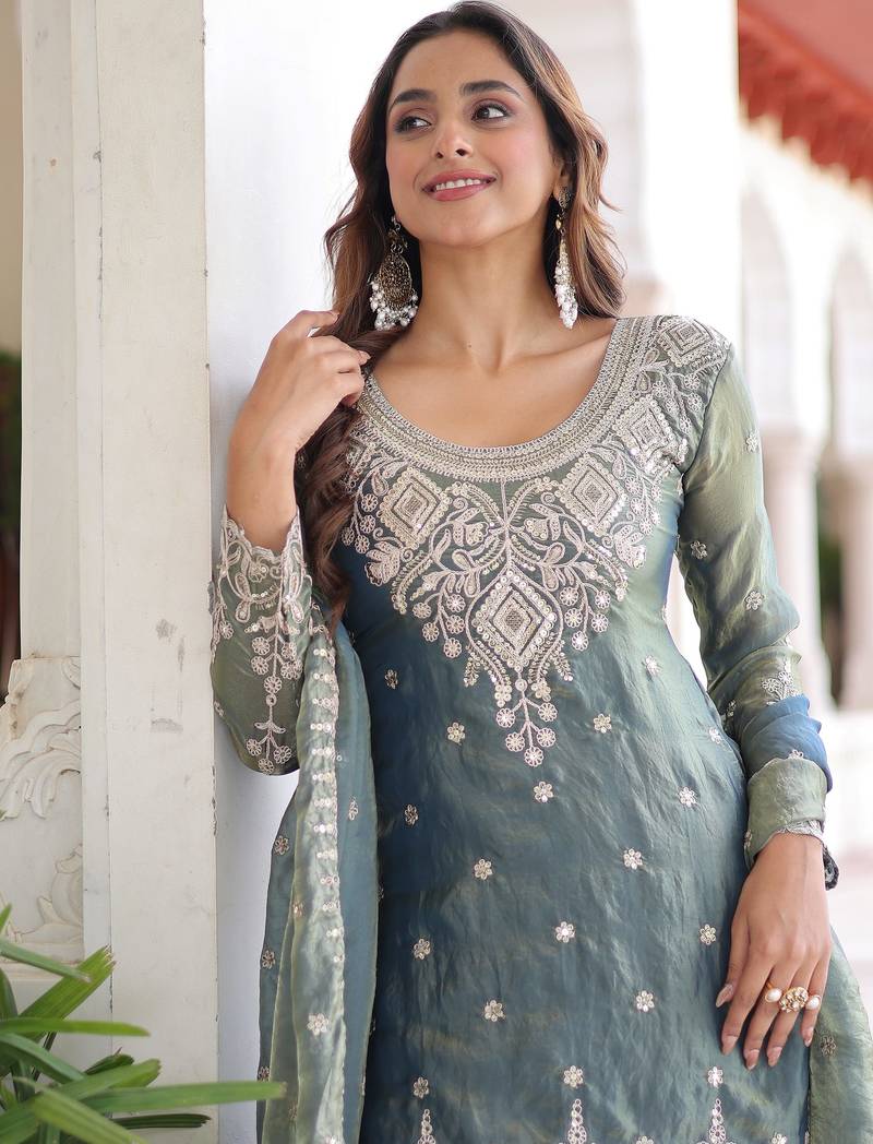 Grey Sequins Embroidered Organza Festive Wear Sharara Suit