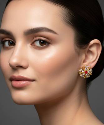 Multi stone stud brass tops/stone-studded earrings / women     party wear/ festive jewelry/sku-ear756 3