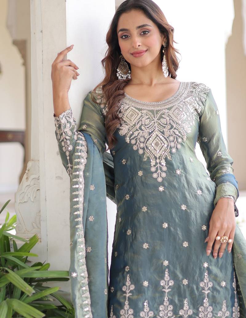 Grey Sequins Embroidered Organza Festive Wear Sharara Suit