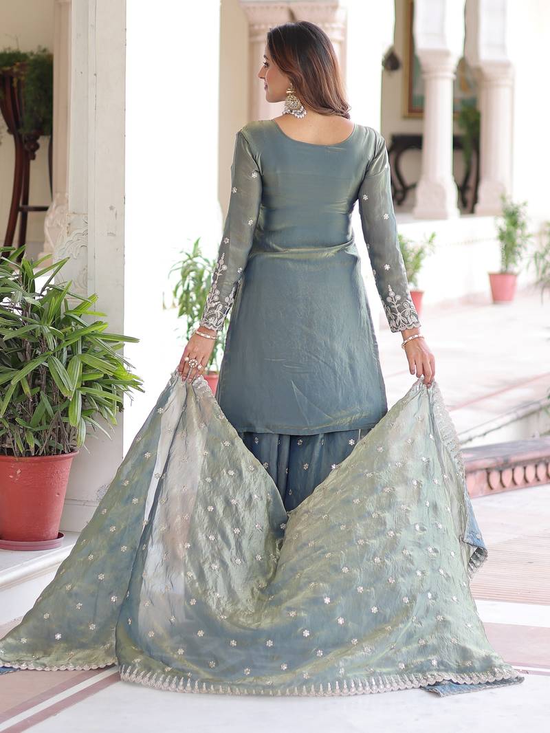 Grey Sequins Embroidered Organza Festive Wear Sharara Suit