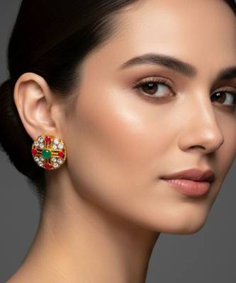 Multi stone stud brass tops/stone-studded earrings / women     party wear/ festive jewelry/sku-ear753 3