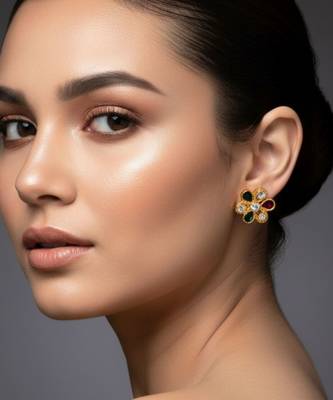 Multi stone stud brass tops/stone-studded earrings / women     party wear/ festive jewelry/sku-ear741 3