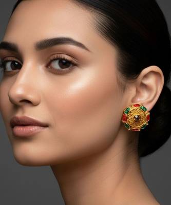 Multi stone stud brass tops/stone-studded earrings / women     party wear/ festive jewelry/sku-ear740 4