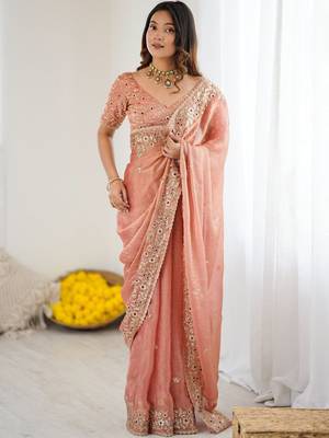 peach silk saree with embroidered sequins work 1