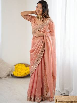 peach silk saree with embroidered sequins work 2