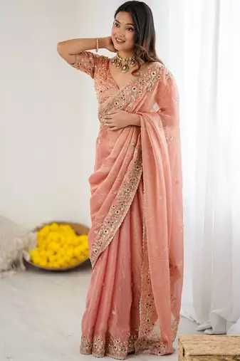 peach silk saree with embroidered sequins work