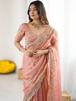 peach silk saree with embroidered sequins work 3