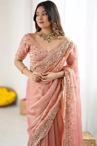 peach silk saree with embroidered sequins work