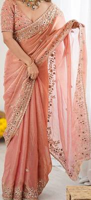 peach silk saree with embroidered sequins work 4