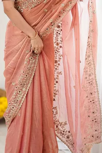 peach silk saree with embroidered sequins work