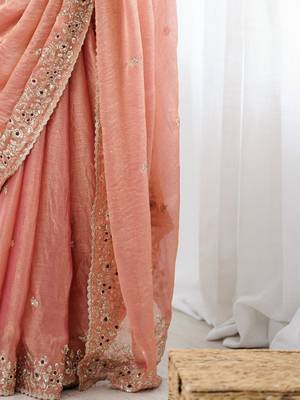 peach silk saree with embroidered sequins work 5