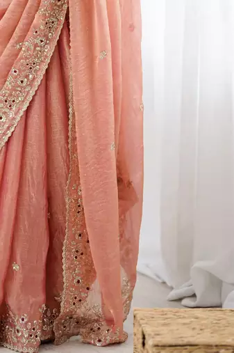peach silk saree with embroidered sequins work