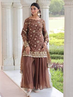 Coffee Sequins Embroidered Organza Salwar Kameez 1